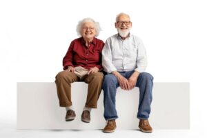 Elderly man and woman sitting comfortably, representing healthy aging and the ability to move from floor to standing