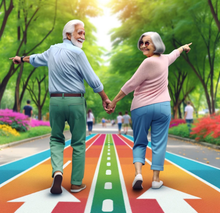 Elderly couple holding hands and walking backward together on a colorful park path, enjoying outdoor exercise for knee osteoarthritis relief