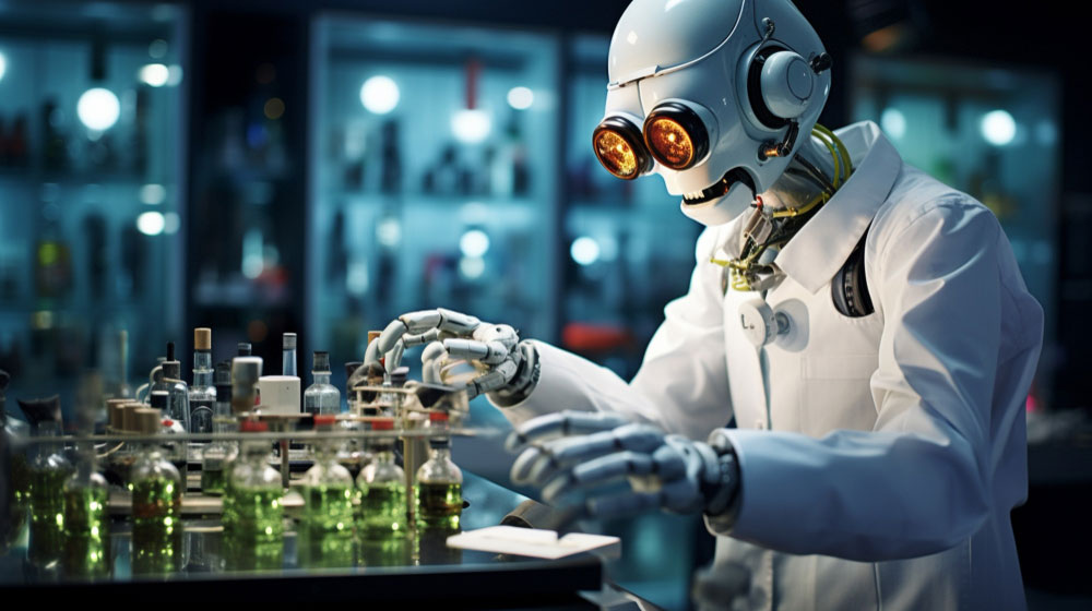 Humanoid AI robot in a laboratory analyzing medical samples, representing artificial intelligence in pain diagnosis and physiotherapy healthcare.