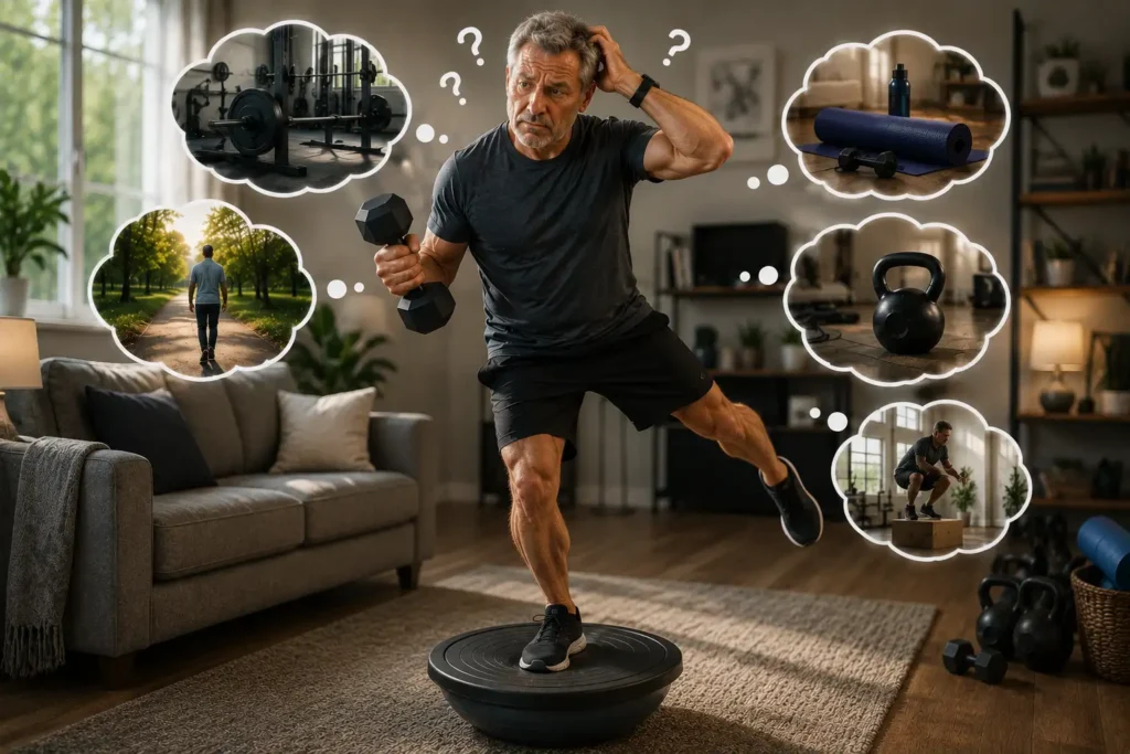 Man balancing with dumbbell surrounded by workout options.
