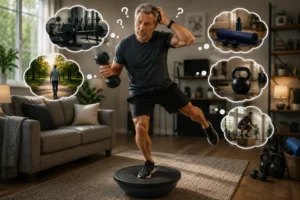 Man balancing with dumbbell surrounded by workout options.