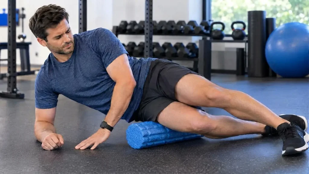 Man foam rolling his IT band and outer thigh in a gym setting.